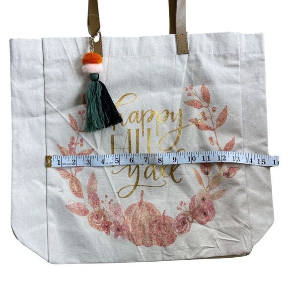 Eccolo World Traveler Canvas Happy Fall Y’All Pom Tote Leatherlike Straps NWOT - Picture 6 of 7